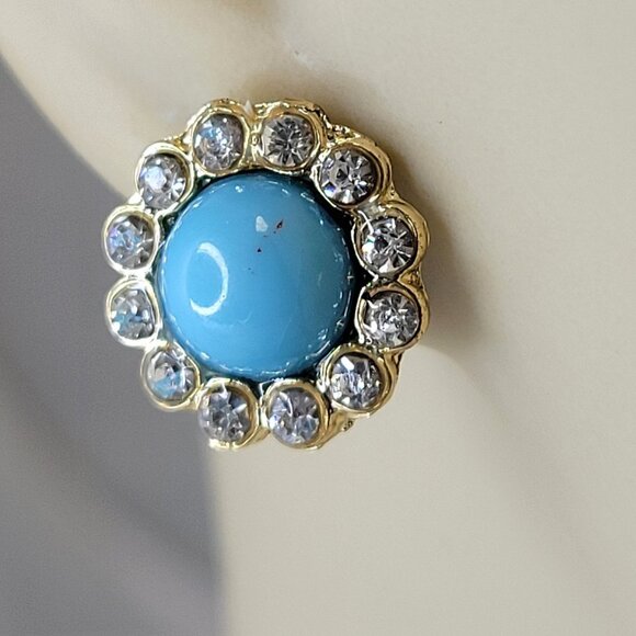 Blue Turquoise Glass cabochon Button Small Earrings - Picture 2 of 8